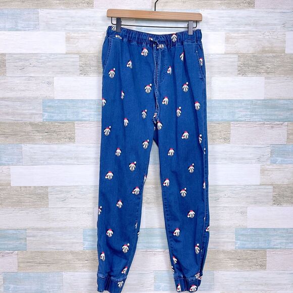 Disney Mickey Mouse Christmas Allover Print Jogger Jeans Blue Womens Large - Picture 1 of 8